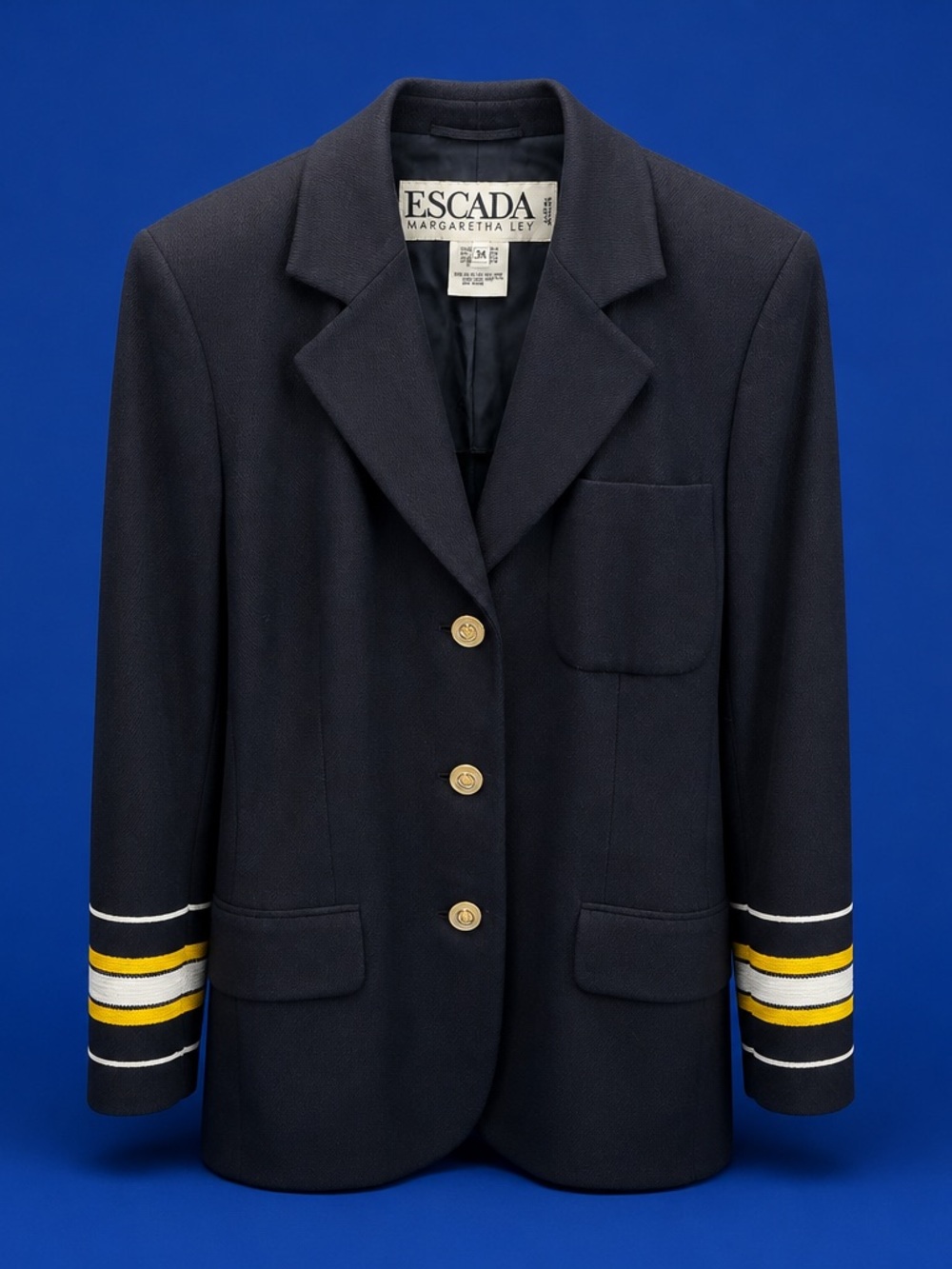 Escada Navy Blazer with Gold Buttons and Yellow Stripe Cuffs